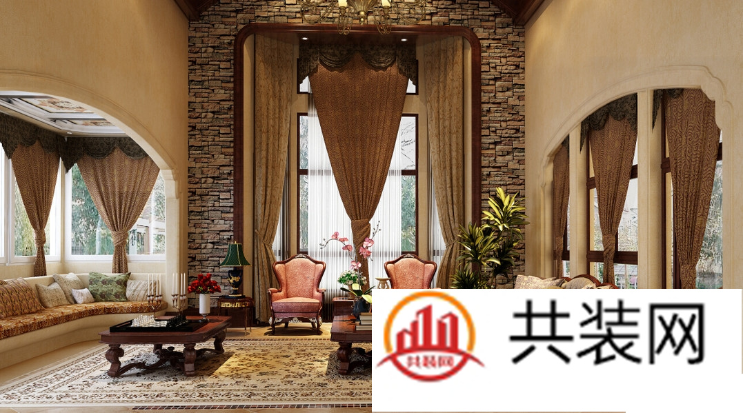 别墅客厅欧式软装装饰设计效果图