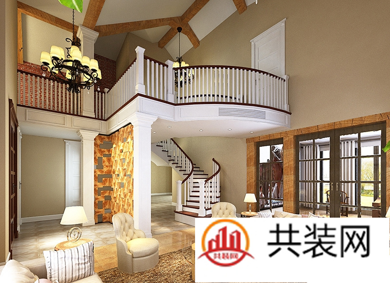 别墅客厅门厅楼梯与桥接处精装修软装设计效果图